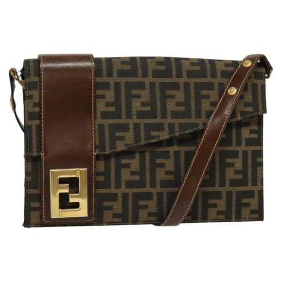FENDI Zucca Canvas Shoulder Bag Black Brown gold Auth 141634 - Picture 1 of 16